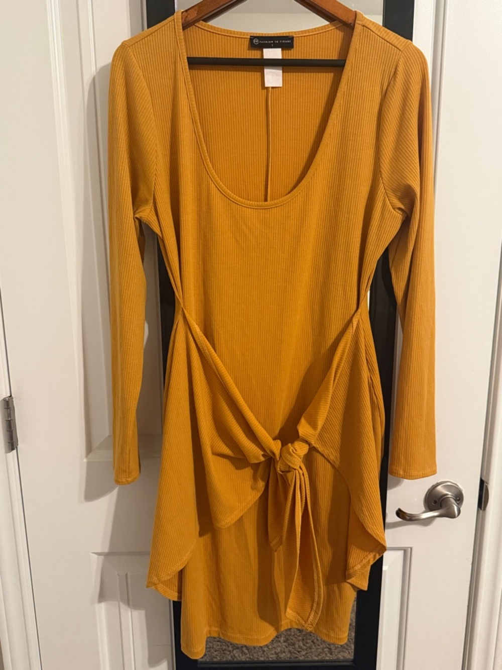 Fashion to Figure Mustard Ribbed Tie Waist Dress | Long Sleeve Size 1